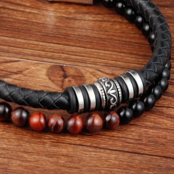Natural Black Onyx Tiger's Eye Leather Braided Bracelet - Picture 5 of 6